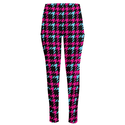 Blue Pink And Black Houndstooth Print High-Waisted Pocket Leggings