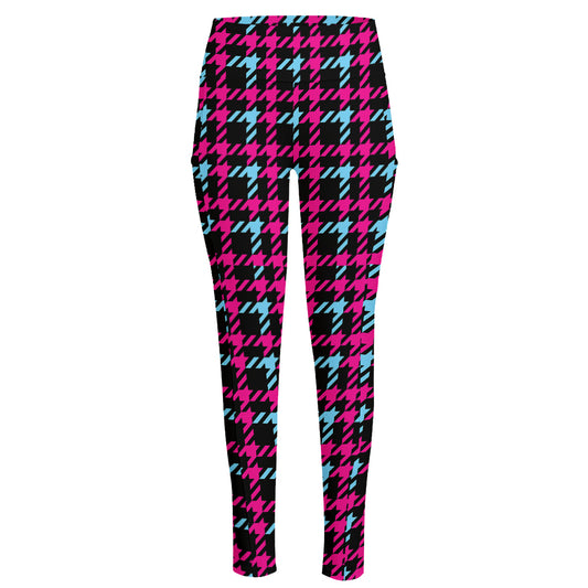 Blue Pink And Black Houndstooth Print High-Waisted Pocket Leggings