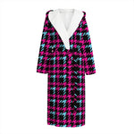 Blue Pink And Black Houndstooth Print Hooded Bathrobe