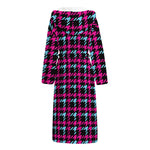 Blue Pink And Black Houndstooth Print Hooded Bathrobe