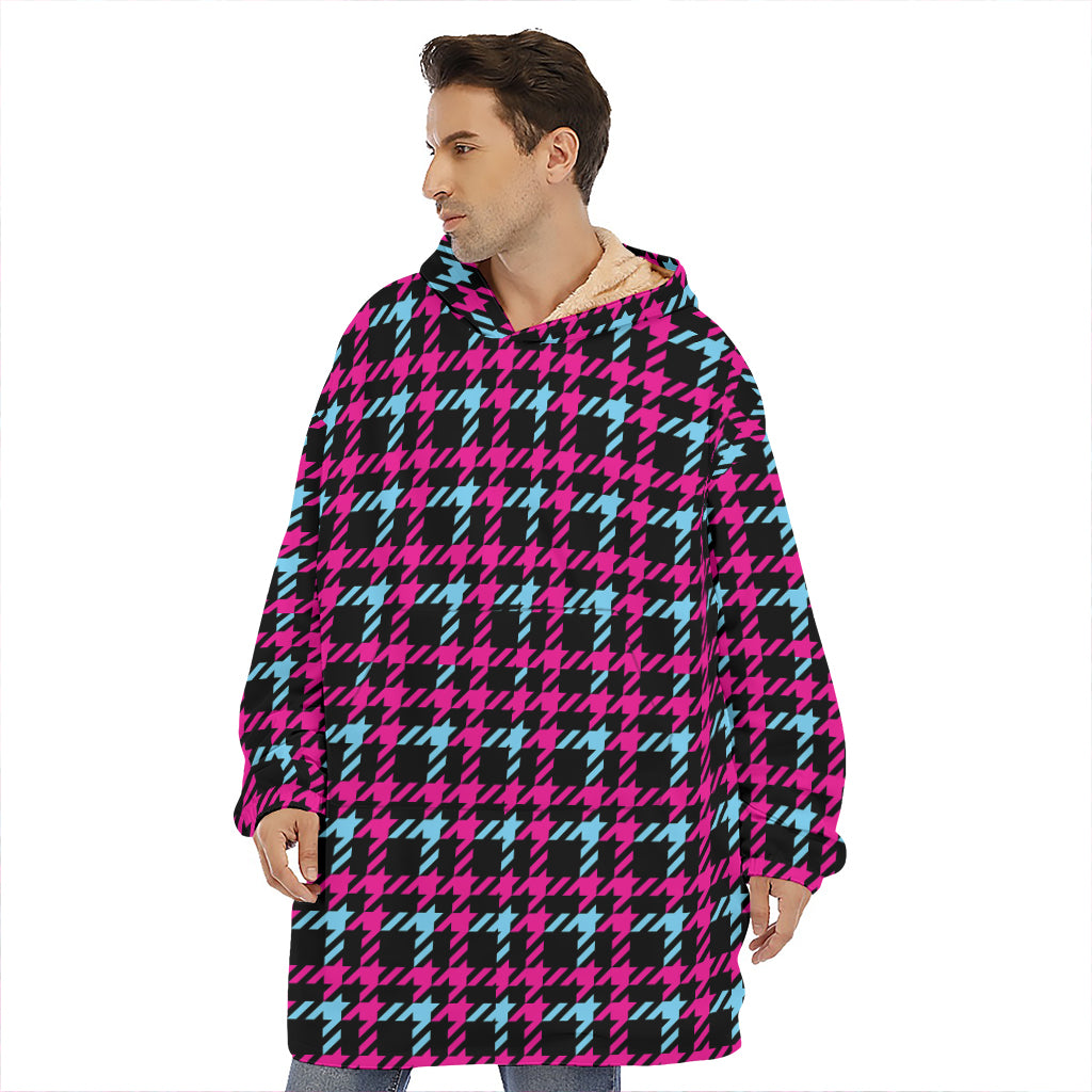 Blue Pink And Black Houndstooth Print Hoodie Blanket