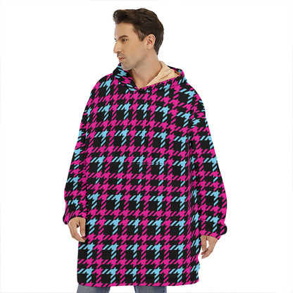 Blue Pink And Black Houndstooth Print Hoodie Blanket