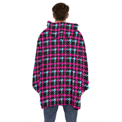 Blue Pink And Black Houndstooth Print Hoodie Blanket