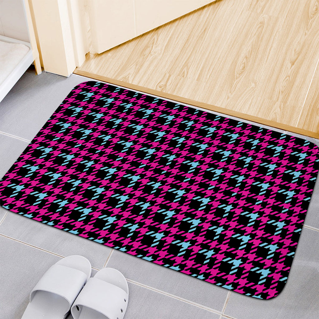 Blue Pink And Black Houndstooth Print Indoor Door Mat