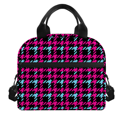 Blue Pink And Black Houndstooth Print Insulated Lunch Bag