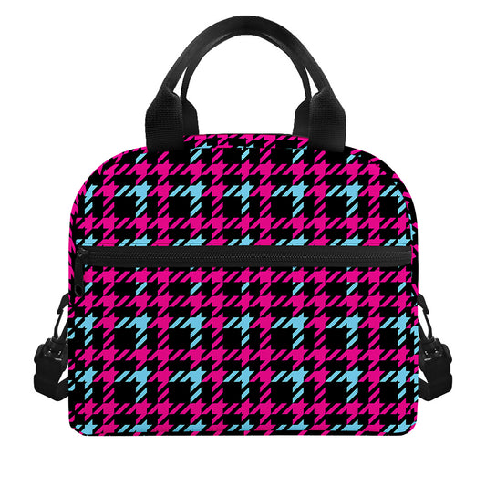 Blue Pink And Black Houndstooth Print Insulated Lunch Bag
