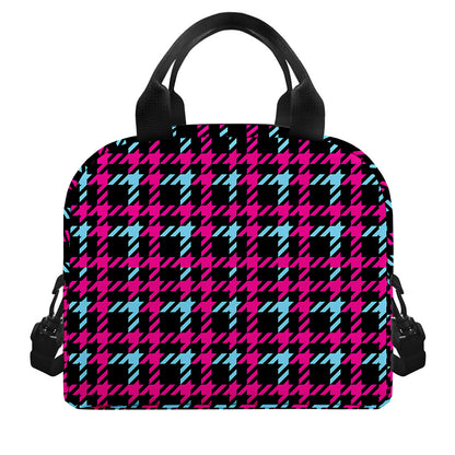 Blue Pink And Black Houndstooth Print Insulated Lunch Bag