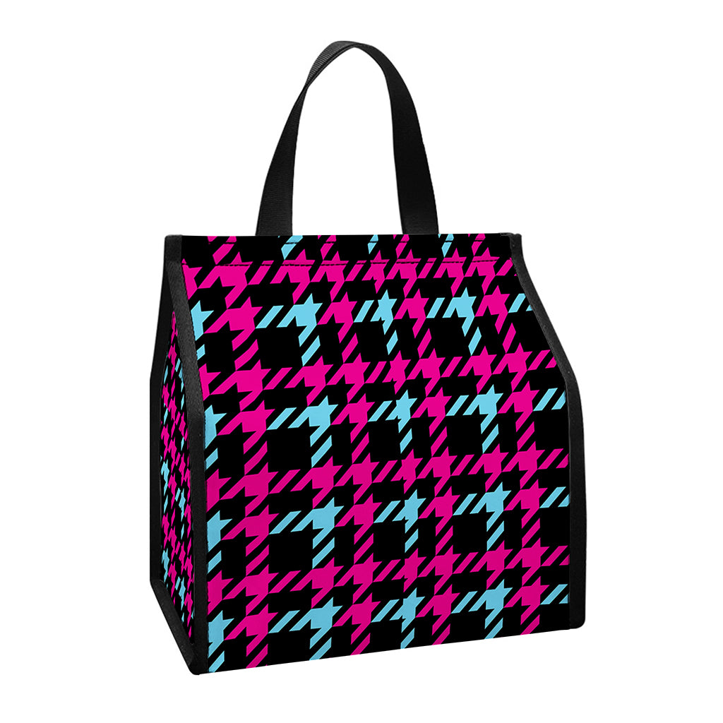 Blue Pink And Black Houndstooth Print Insulated Lunch Tote