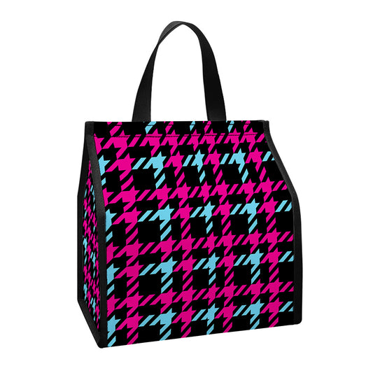 Blue Pink And Black Houndstooth Print Insulated Lunch Tote