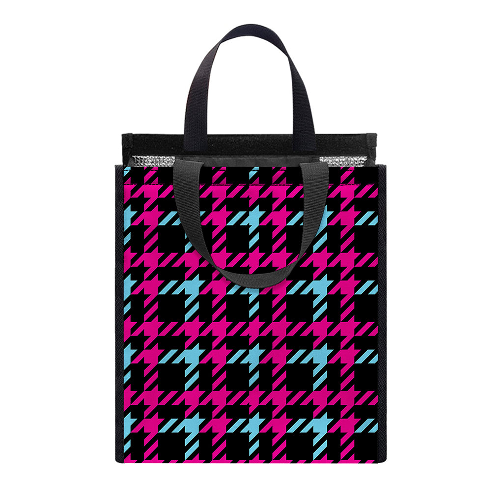 Blue Pink And Black Houndstooth Print Insulated Lunch Tote