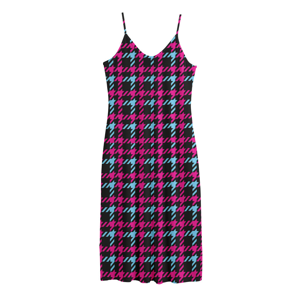 Blue Pink And Black Houndstooth Print Jersey Midi Cami Dress