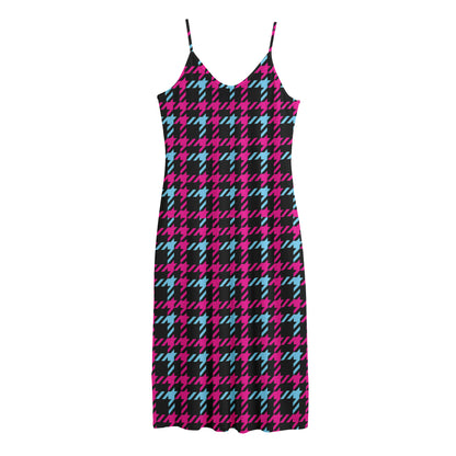Blue Pink And Black Houndstooth Print Jersey Midi Cami Dress
