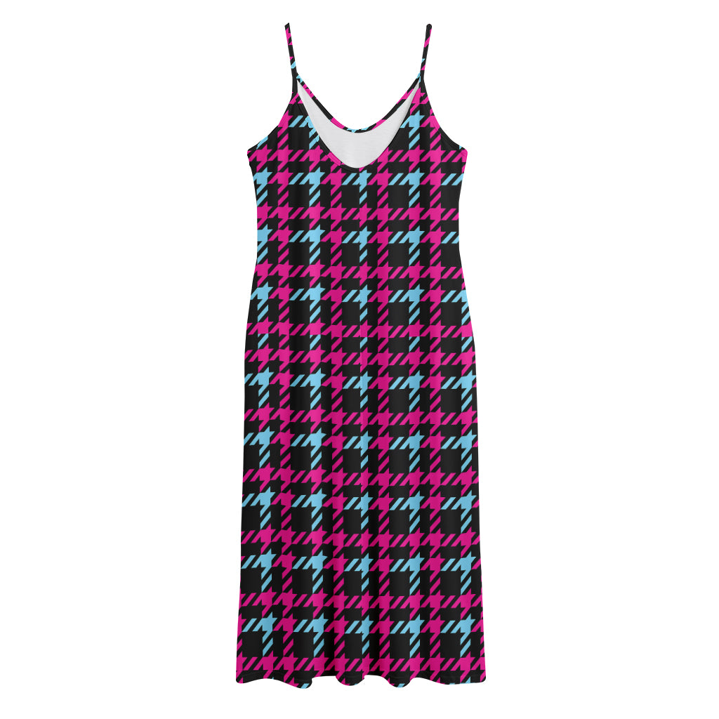 Blue Pink And Black Houndstooth Print Jersey Midi Cami Dress