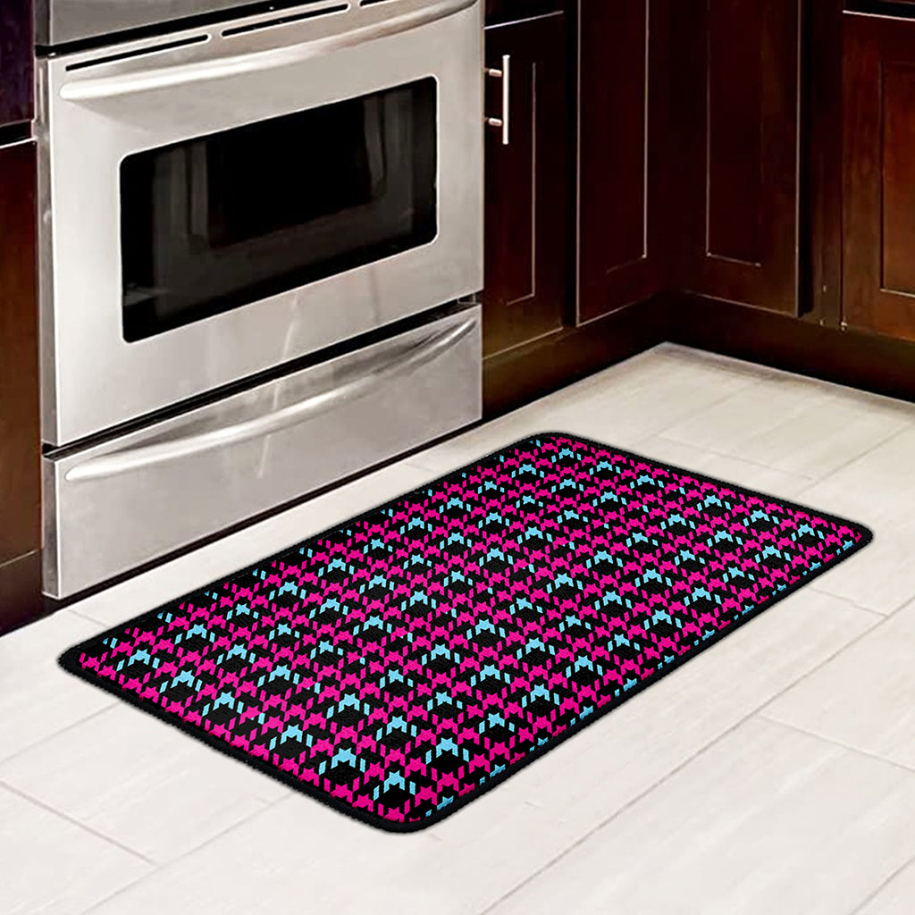 Blue Pink And Black Houndstooth Print Kitchen Mat