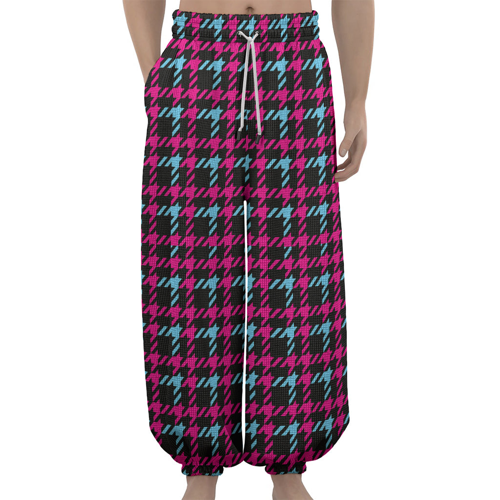 Blue Pink And Black Houndstooth Print Lantern Pants