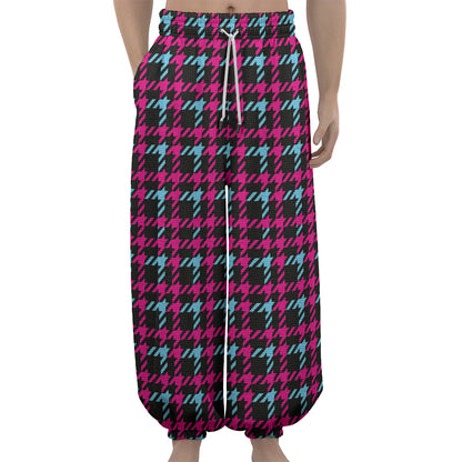 Blue Pink And Black Houndstooth Print Lantern Pants