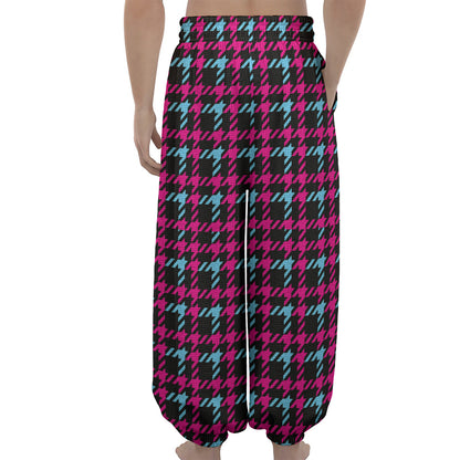 Blue Pink And Black Houndstooth Print Lantern Pants