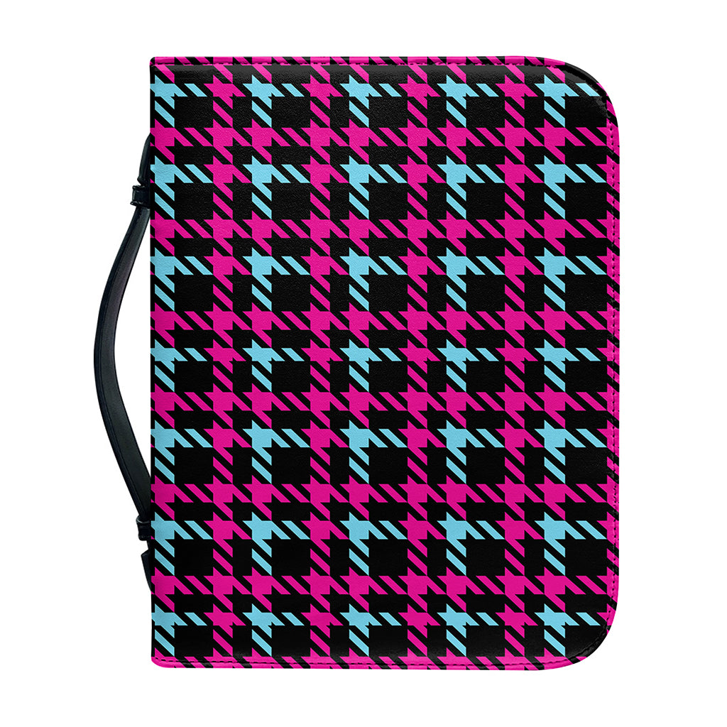 Blue Pink And Black Houndstooth Print Leather Bible Cover