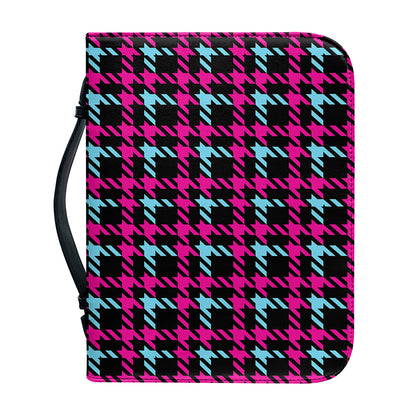Blue Pink And Black Houndstooth Print Leather Bible Cover