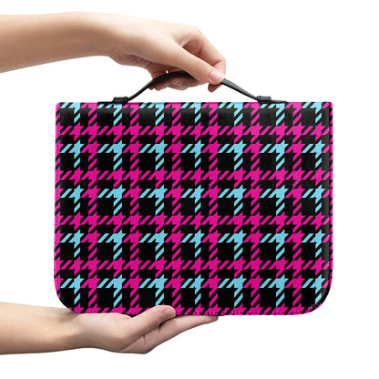 Blue Pink And Black Houndstooth Print Leather Bible Cover