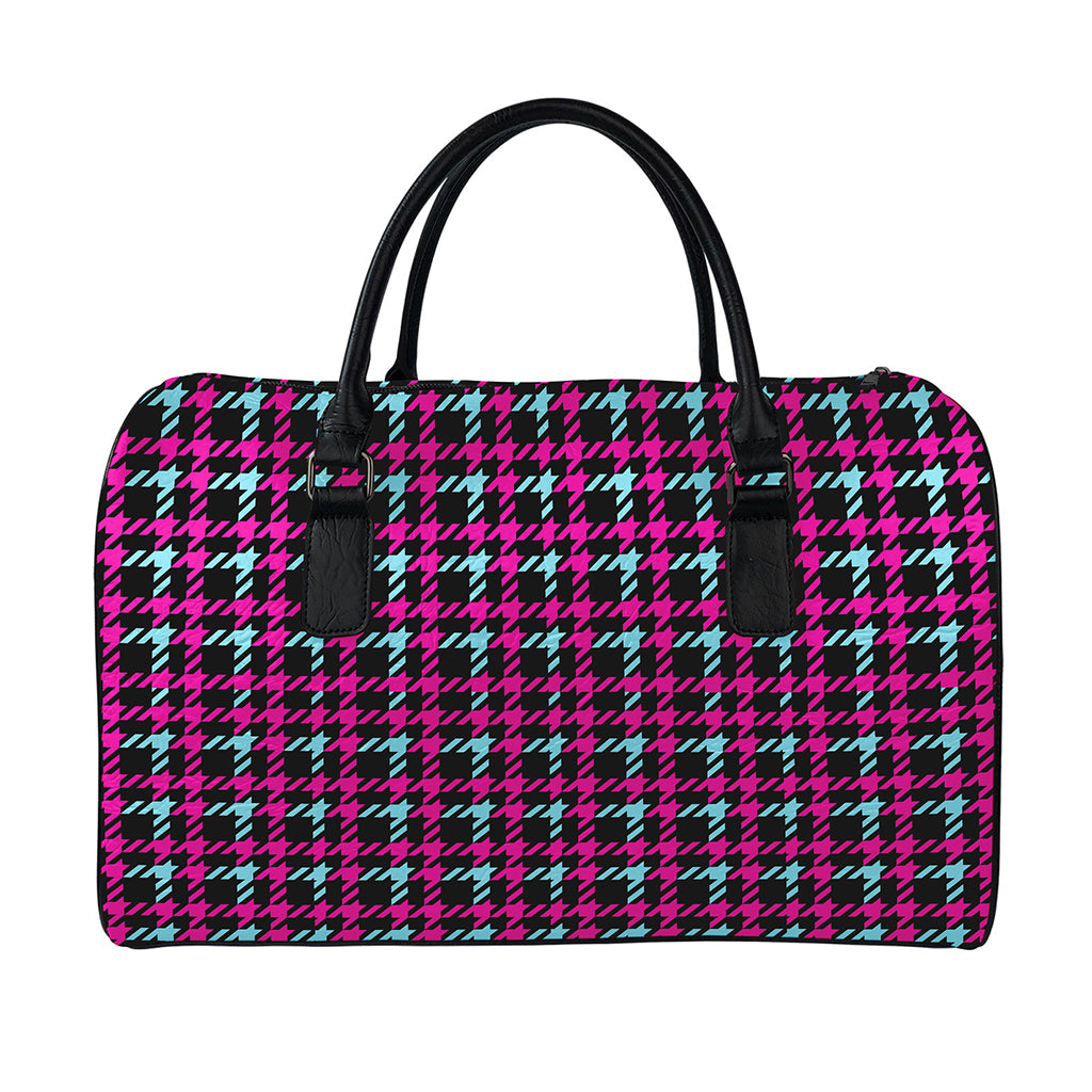 Blue Pink And Black Houndstooth Print Leather Duffle Bag