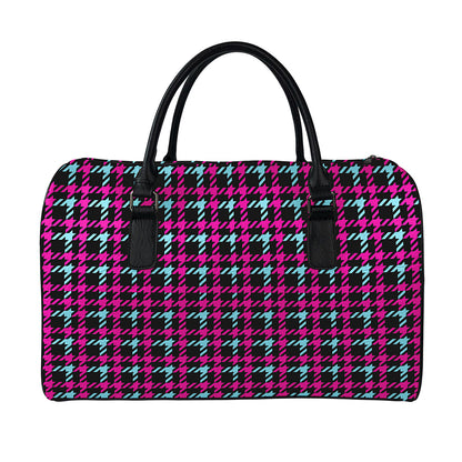 Blue Pink And Black Houndstooth Print Leather Duffle Bag