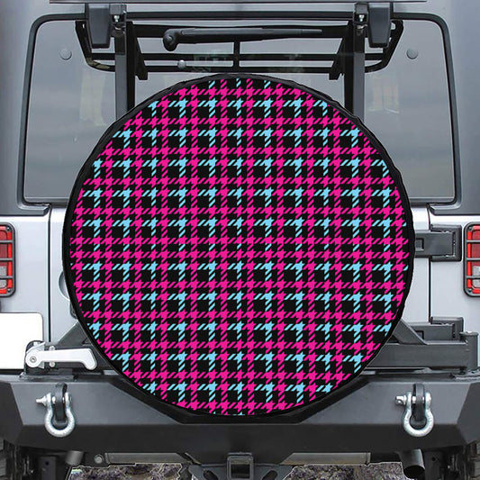Blue Pink And Black Houndstooth Print Leather Spare Tire Cover