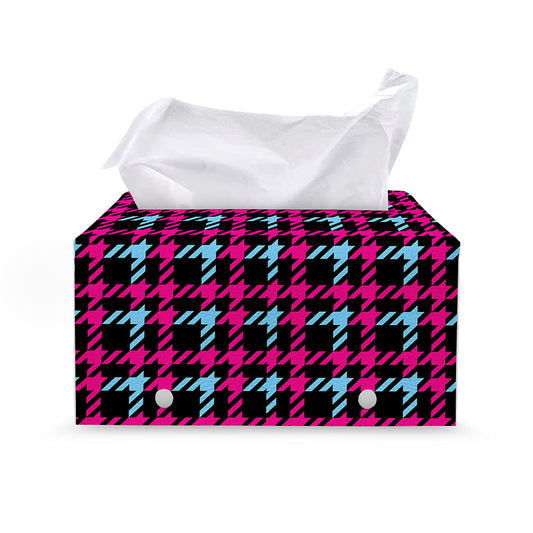 Blue Pink And Black Houndstooth Print Leather Tissue Box Cover
