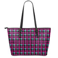 Blue Pink And Black Houndstooth Print Leather Tote Bag With Zipper