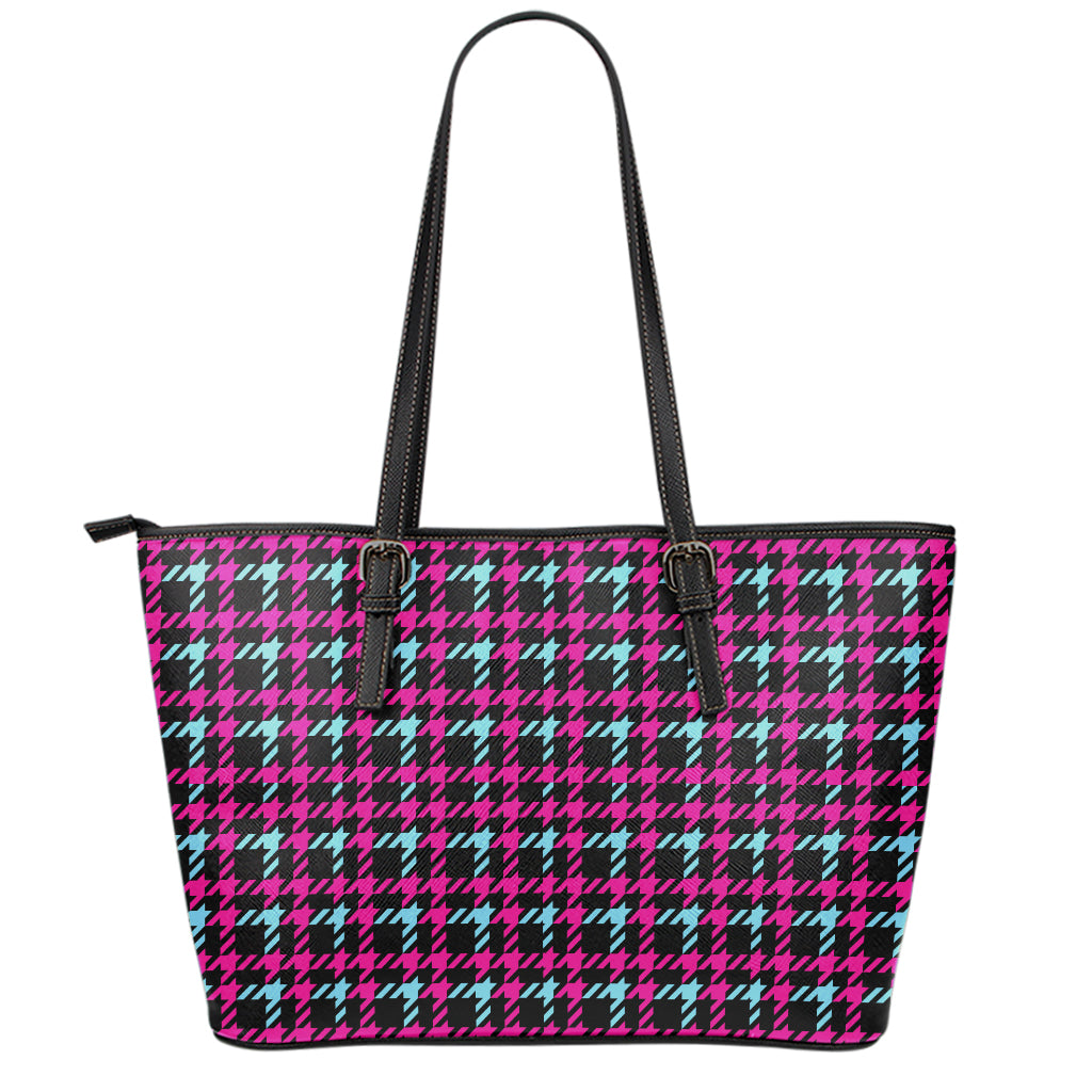 Blue Pink And Black Houndstooth Print Leather Tote Bag