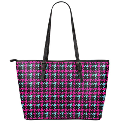 Blue Pink And Black Houndstooth Print Leather Tote Bag