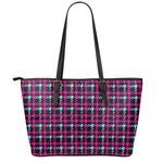 Blue Pink And Black Houndstooth Print Leather Tote Bag