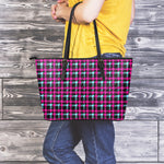 Blue Pink And Black Houndstooth Print Leather Tote Bag