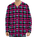 Blue Pink And Black Houndstooth Print Long Sleeve Baseball Jersey