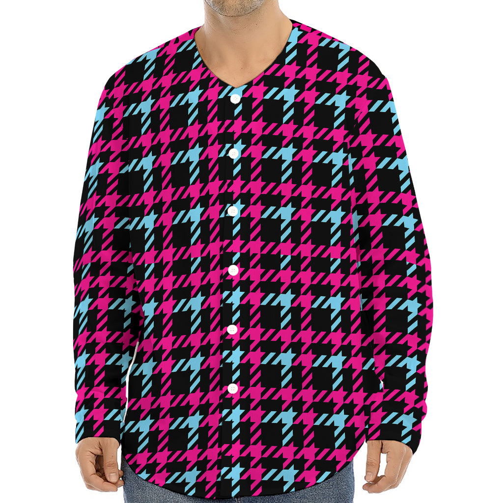 Blue Pink And Black Houndstooth Print Long Sleeve Baseball Jersey