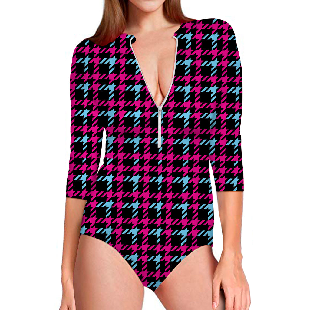 Blue Pink And Black Houndstooth Print Long Sleeve Swimsuit