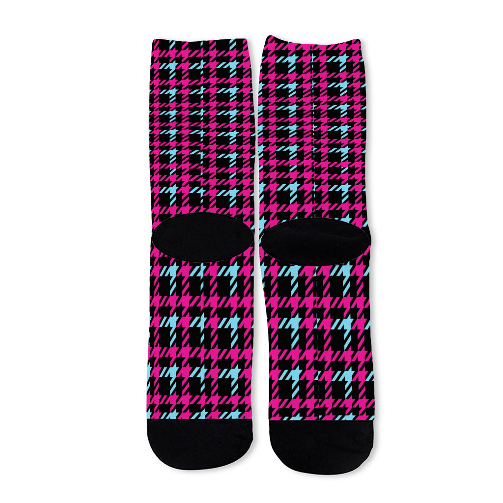Blue Pink And Black Houndstooth Print Long Socks