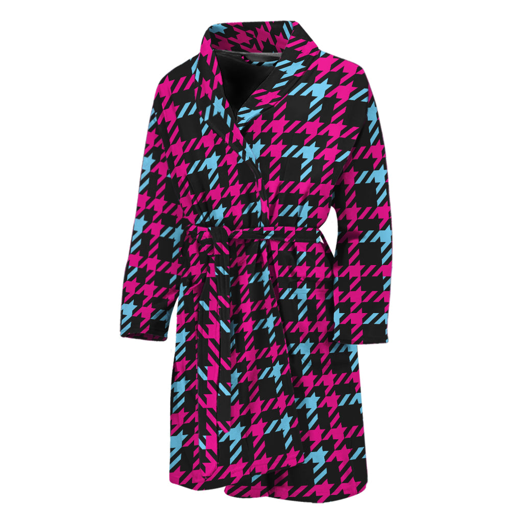 Blue Pink And Black Houndstooth Print Men's Bathrobe