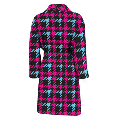 Blue Pink And Black Houndstooth Print Men's Bathrobe
