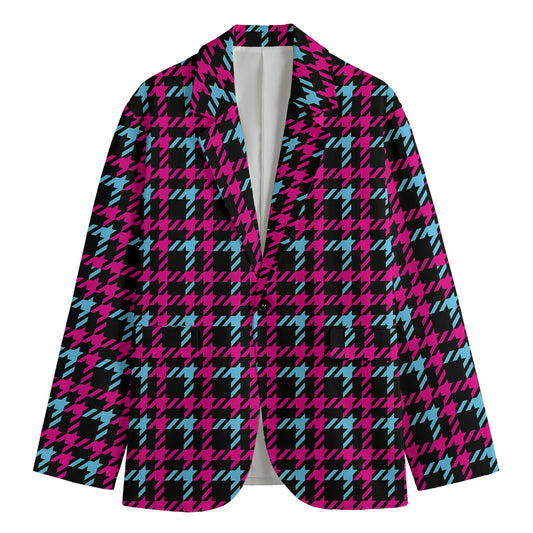 Blue Pink And Black Houndstooth Print Men's Blazer