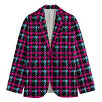 Blue Pink And Black Houndstooth Print Men's Blazer