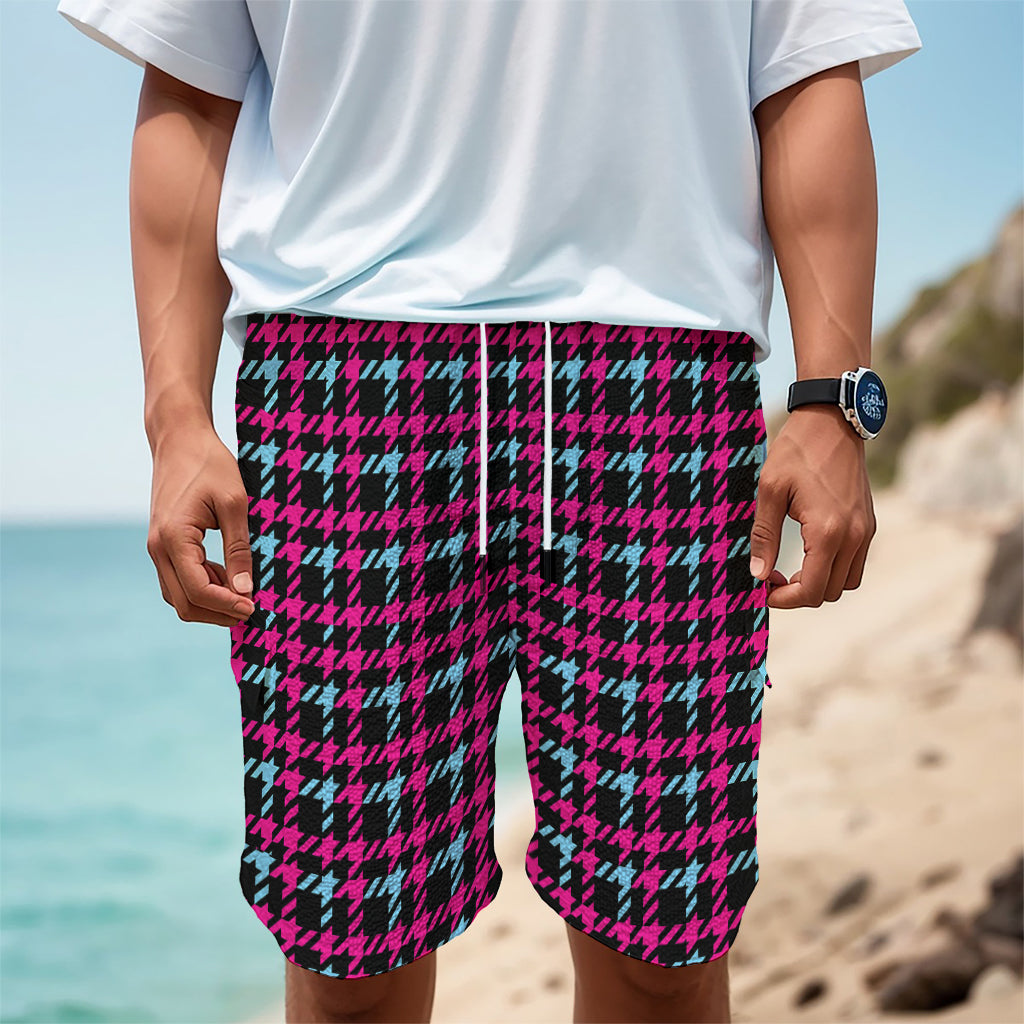 Blue Pink And Black Houndstooth Print Men's Cargo Shorts