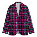 Blue Pink And Black Houndstooth Print Men's Cotton Blazer
