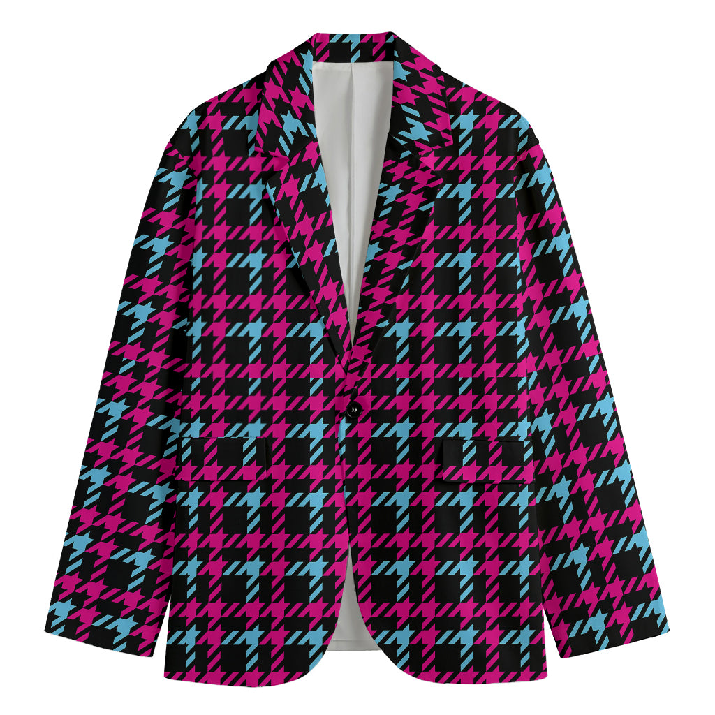 Blue Pink And Black Houndstooth Print Men's Cotton Blazer