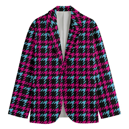Blue Pink And Black Houndstooth Print Men's Cotton Blazer