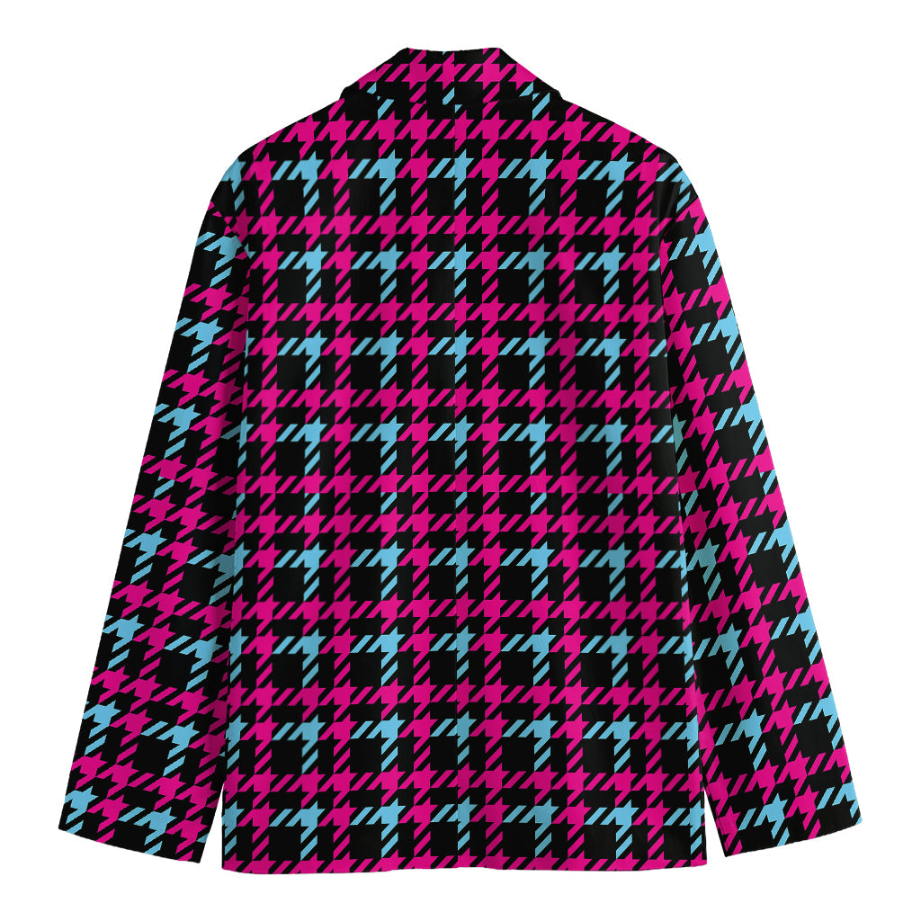 Blue Pink And Black Houndstooth Print Men's Cotton Blazer