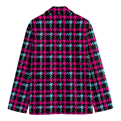 Blue Pink And Black Houndstooth Print Men's Cotton Blazer