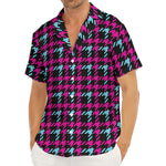 Blue Pink And Black Houndstooth Print Men's Deep V-Neck Shirt