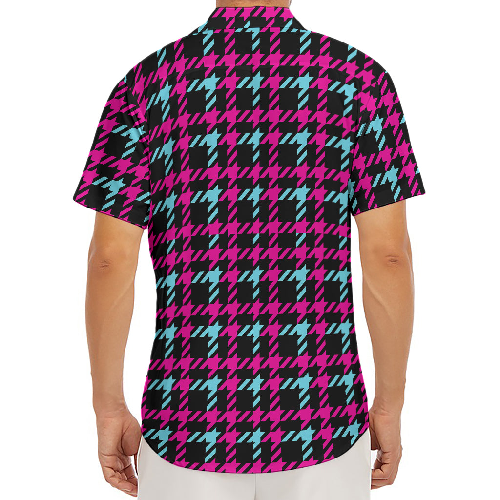 Blue Pink And Black Houndstooth Print Men's Deep V-Neck Shirt