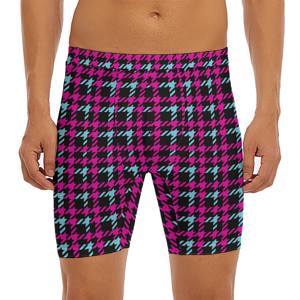 Blue Pink And Black Houndstooth Print Men's Long Boxer Briefs